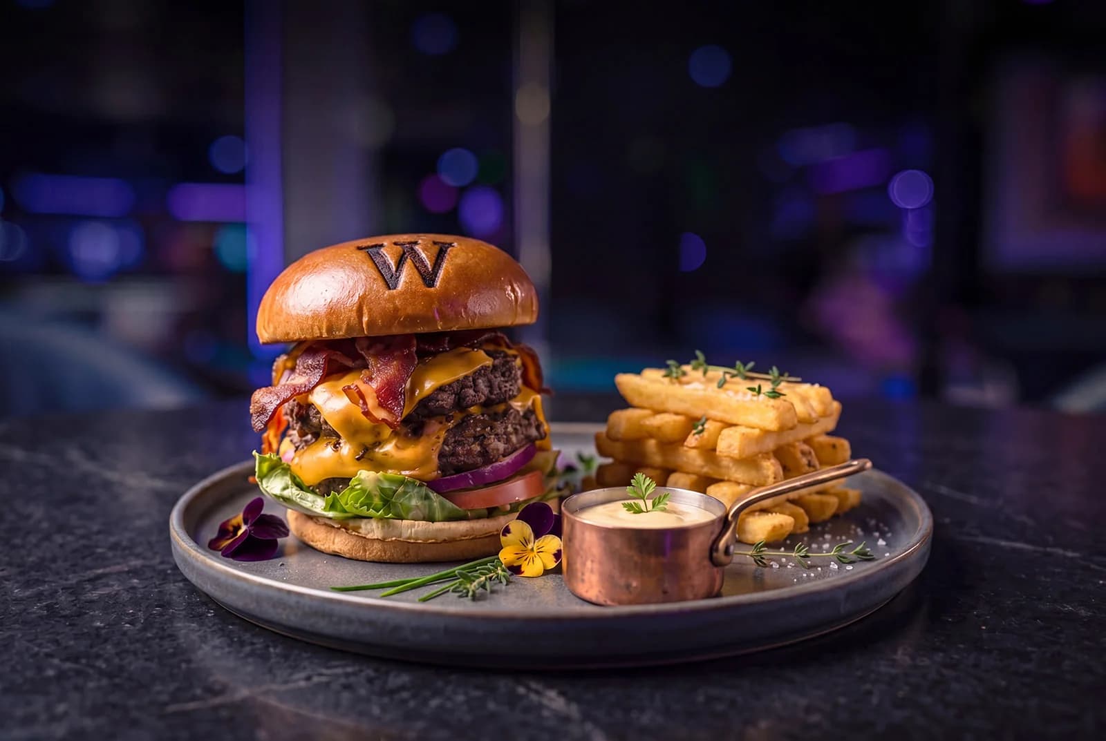 Wacko's double burger with bacon, fresh toppings and fries