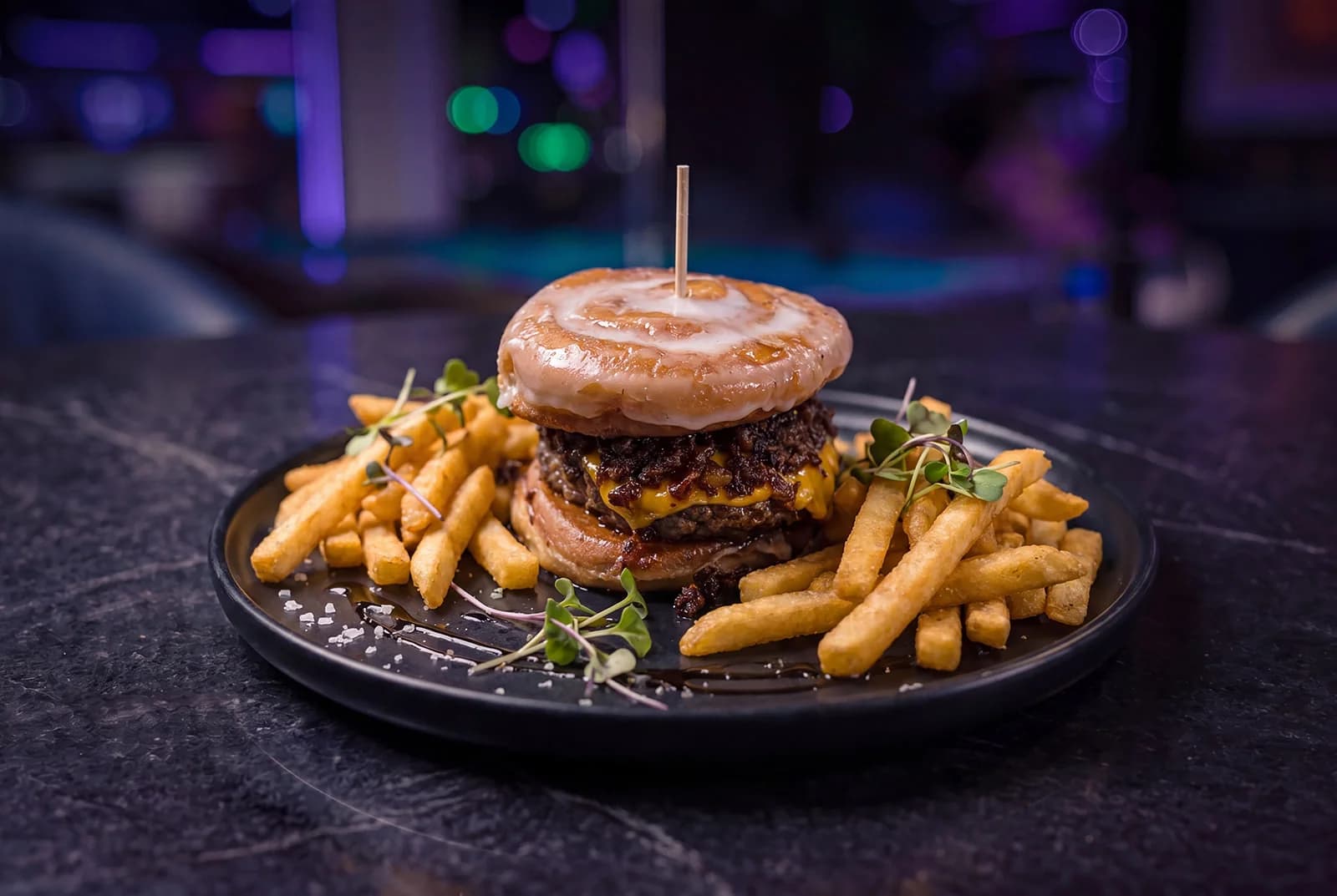 Donut burger prepared fresh in the Wacko's kitchen