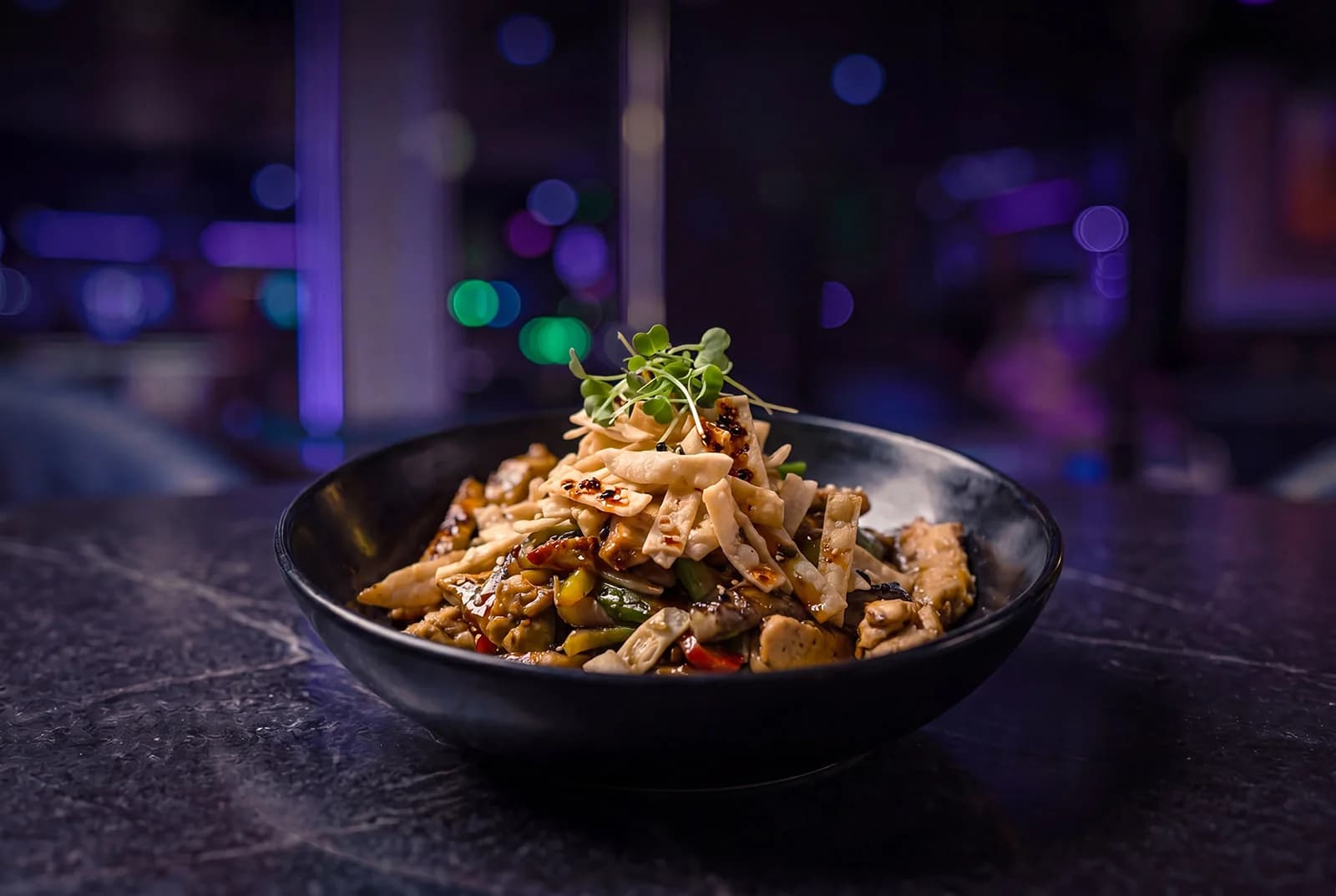 Savory stir-fry prepared fresh in the Wacko's kitchen